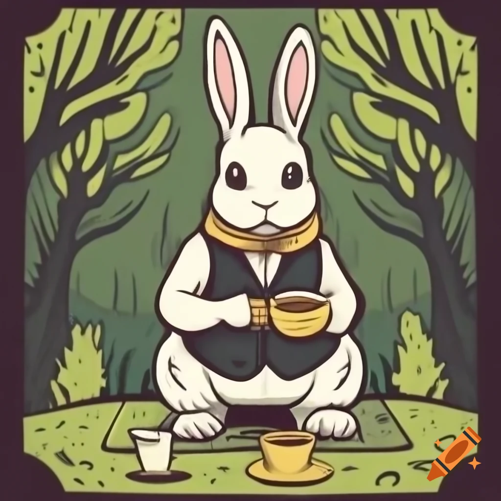 Anthropomorphic Victorian rabbit serving tea in the woods, woodcut style