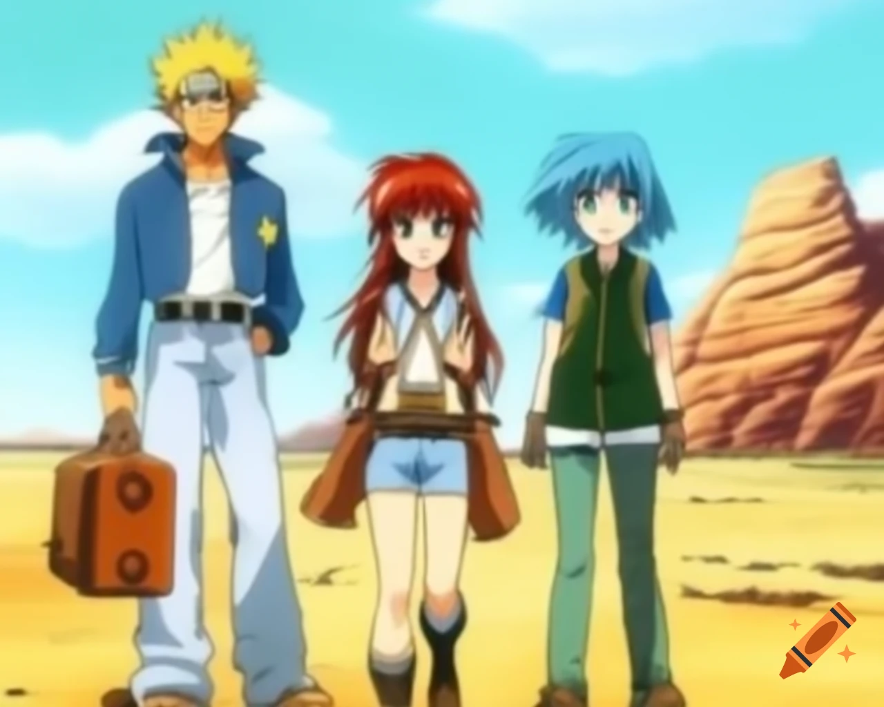 Anime-style characters walking through desert landscape