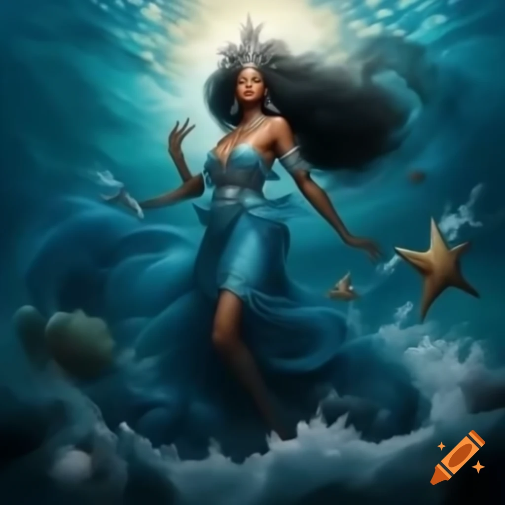 Majestic representation of Yemanjá, goddess of the sea with dark blue hair and Afro-descendant features