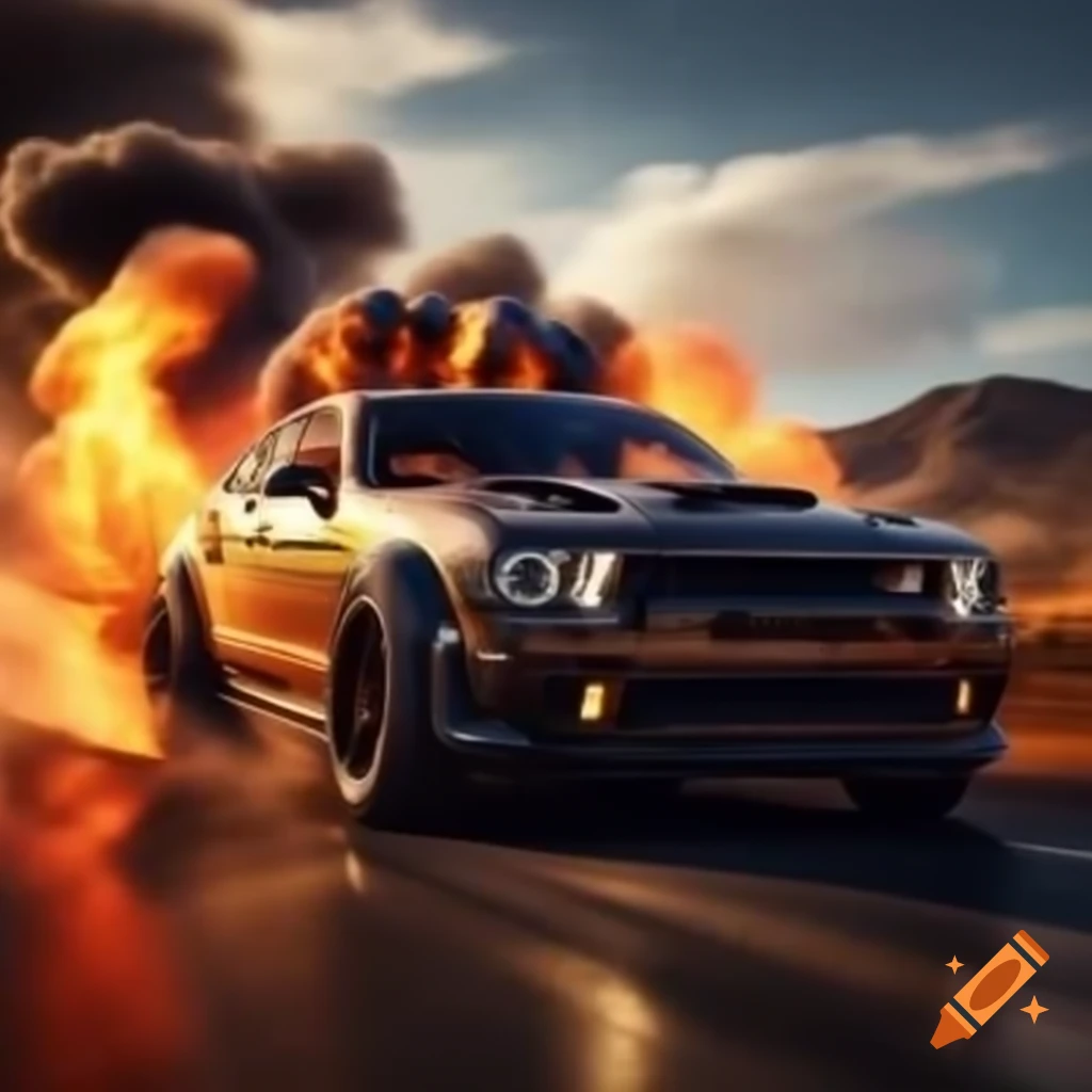 Cinematic car with flames from tires driving at high speed