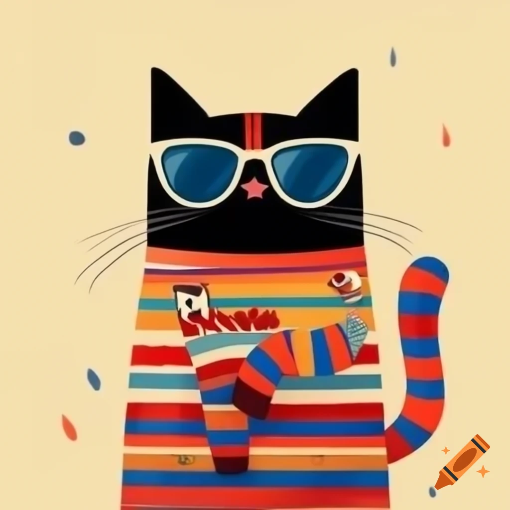 Cartoon art of black cat with pajama stripes and sunglasses