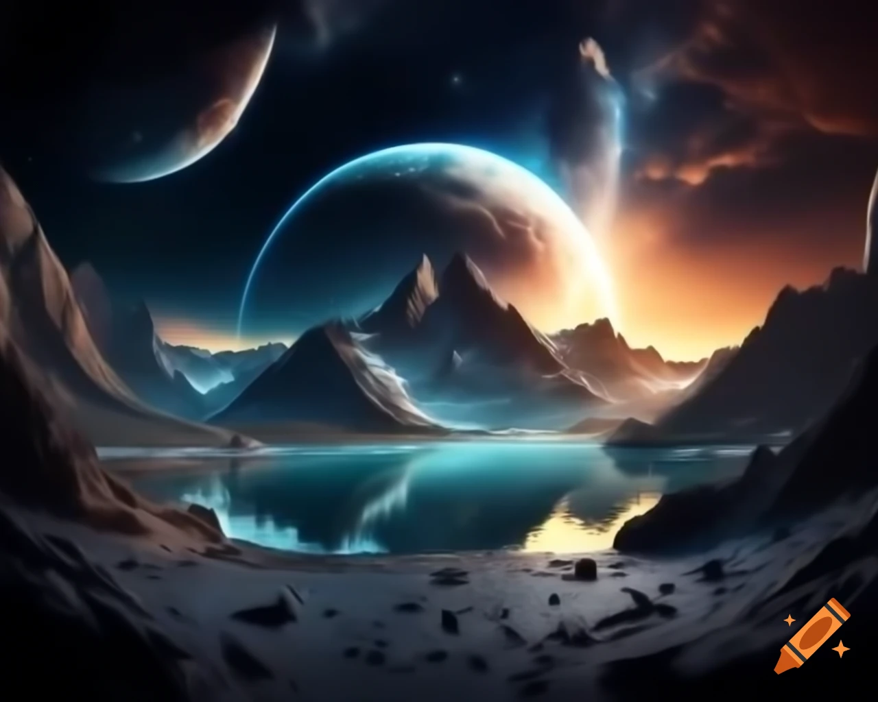 3D representation of mountain lake at sunset with sun rays and island