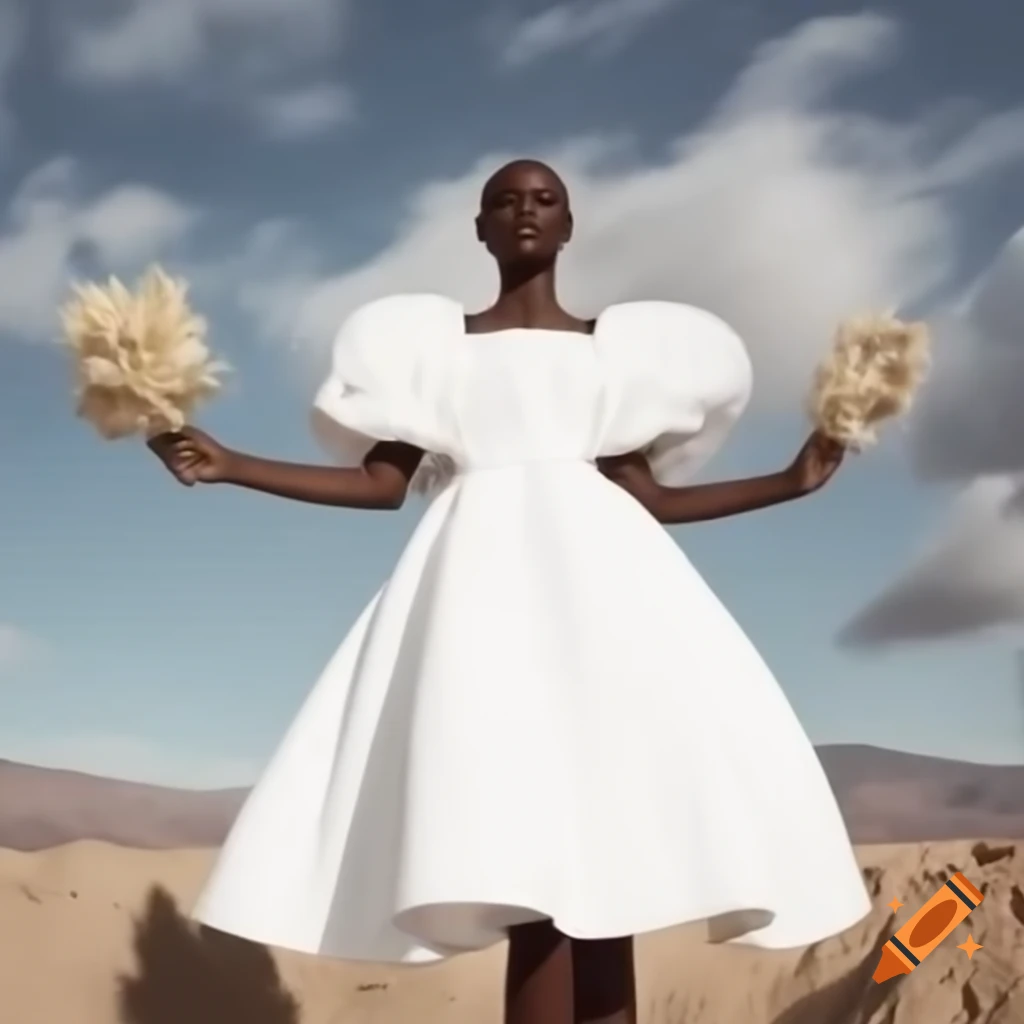 Modelo em vestido branco tomara que caia com recortes e flores descendo até a barra
