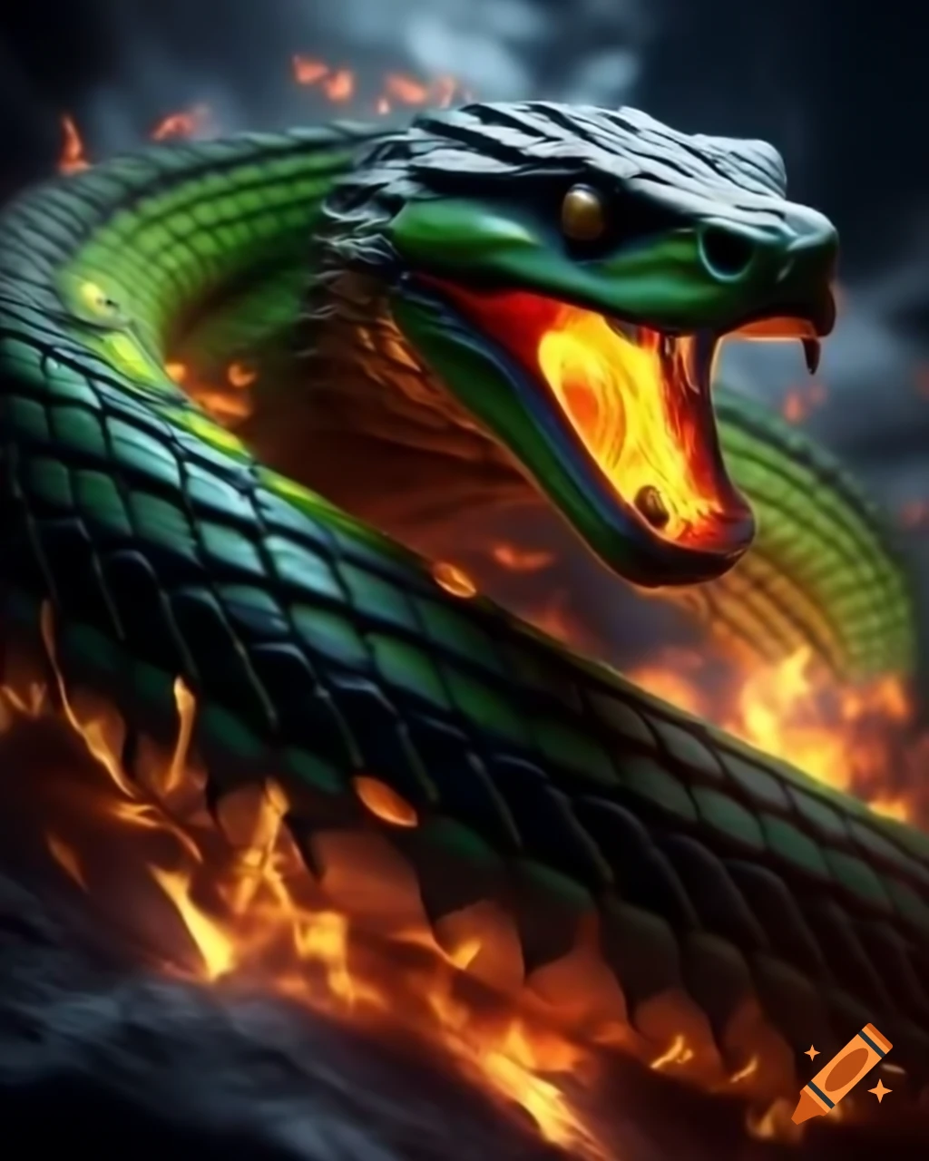 Giant black and green viper surrounded by flames