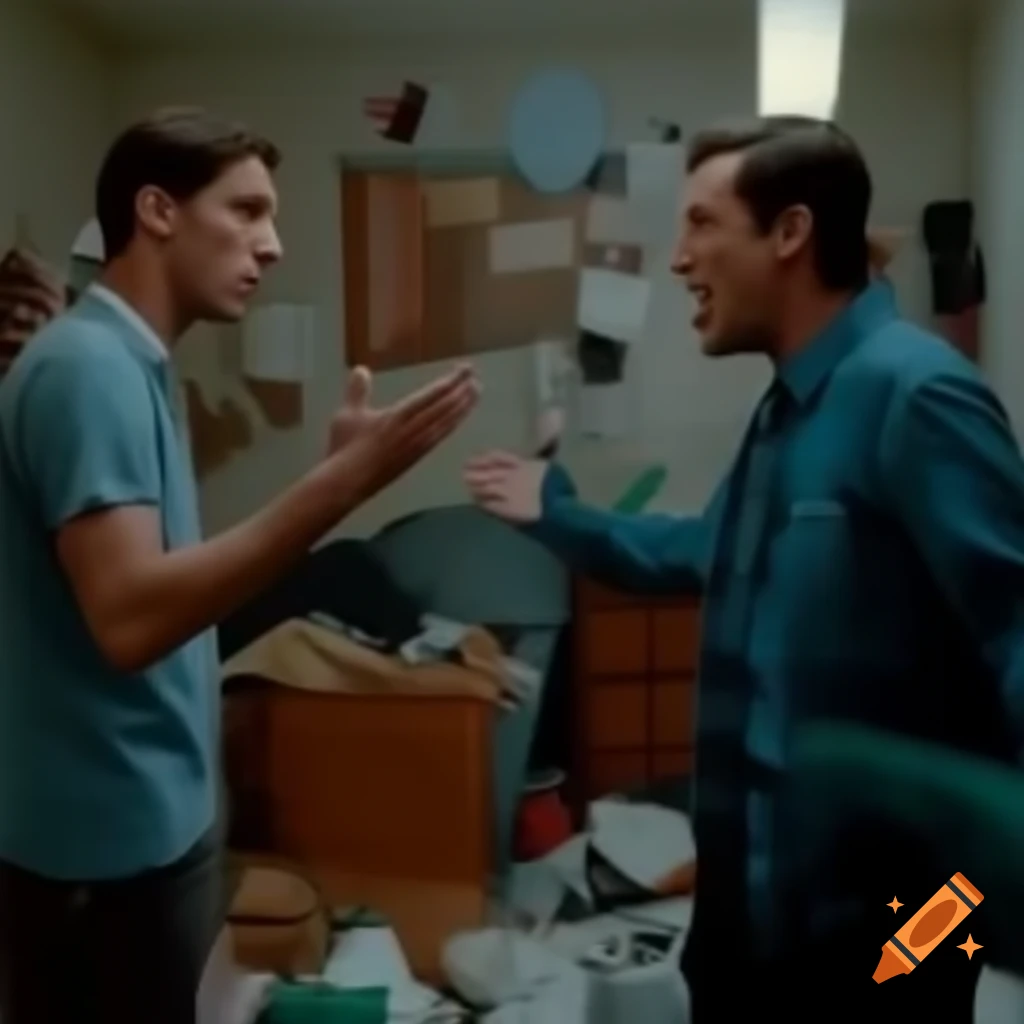 Two men arguing in messy apartment setting