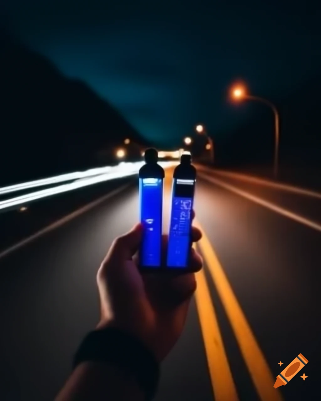 First-person view of a hand holding two blue vapes over a road at night