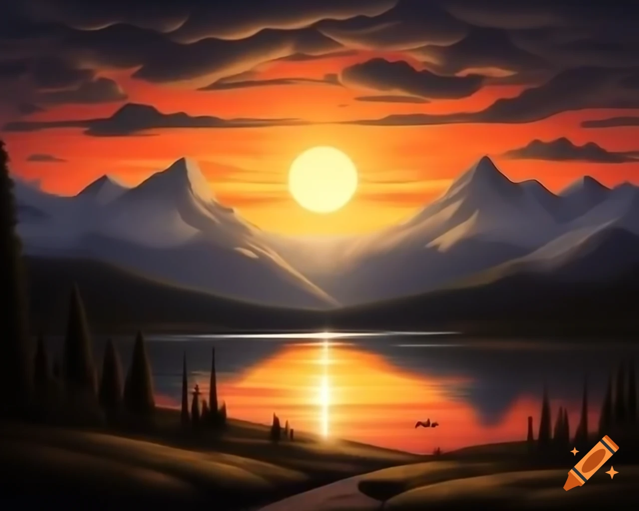 Photorealistic sunset over mountain lake with sunrays and god rays