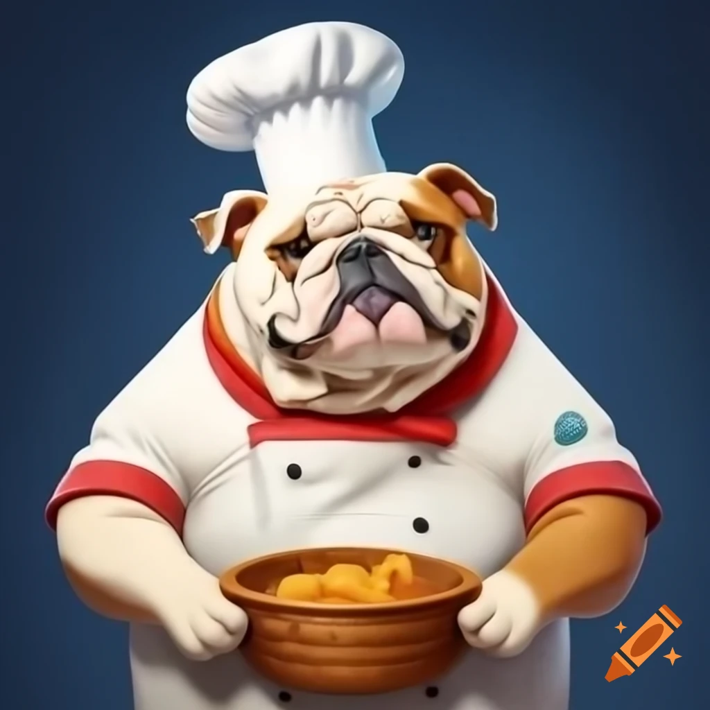 Cartoon bulldog in chef hat holding a basket