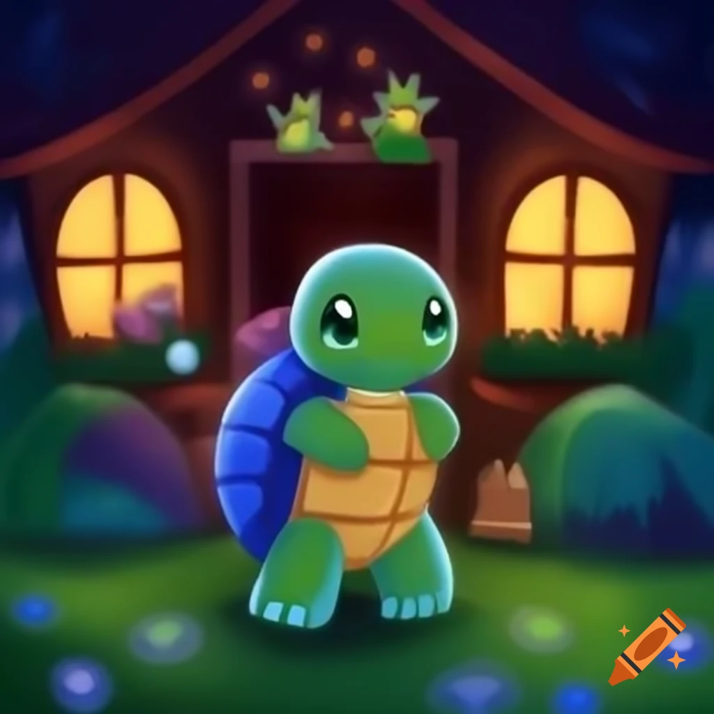 Small green turtle Shelly in blue pajamas with stuffed animal between larger turtle parents