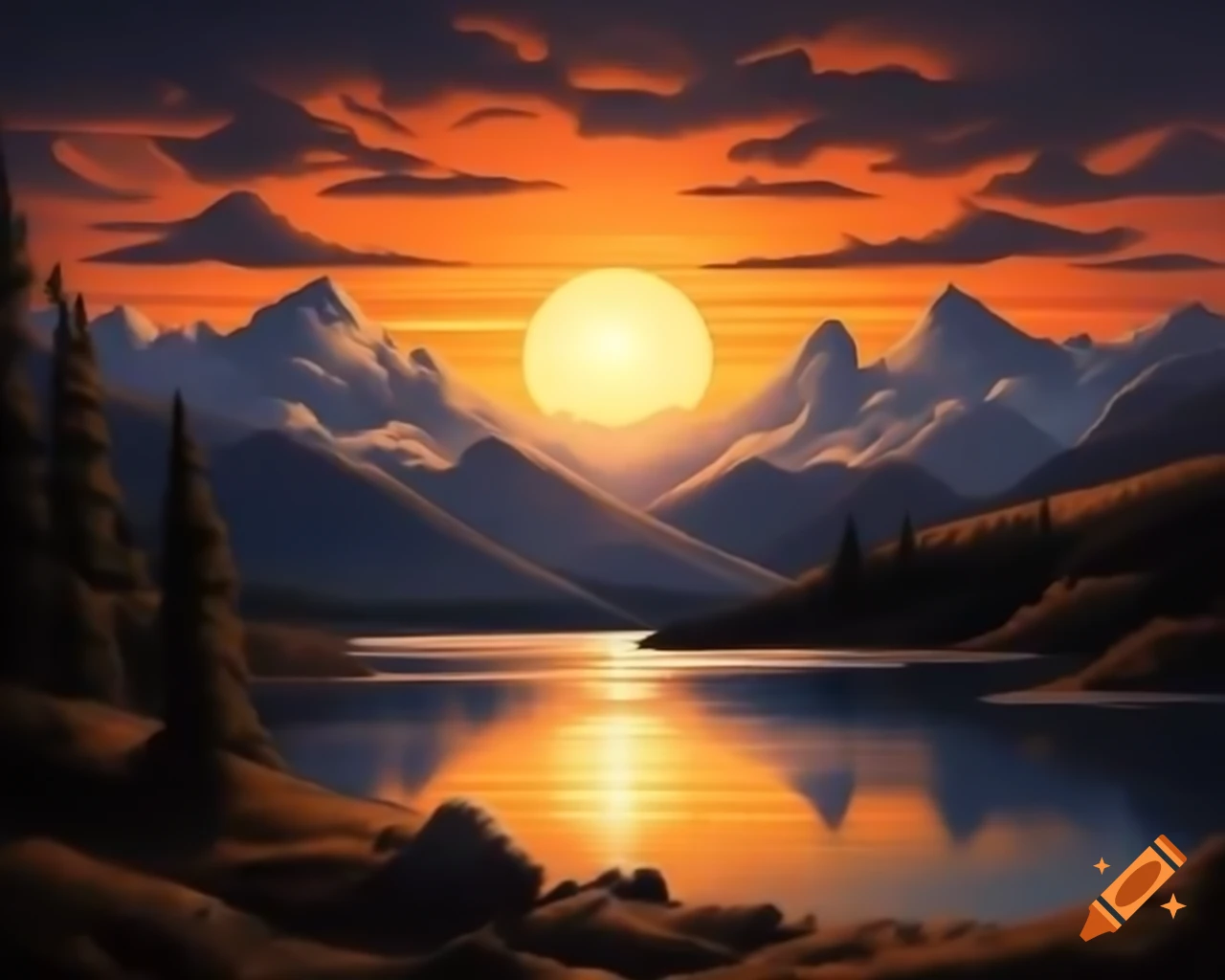 Photorealistic sunset over mountain lake with sunrays and god rays