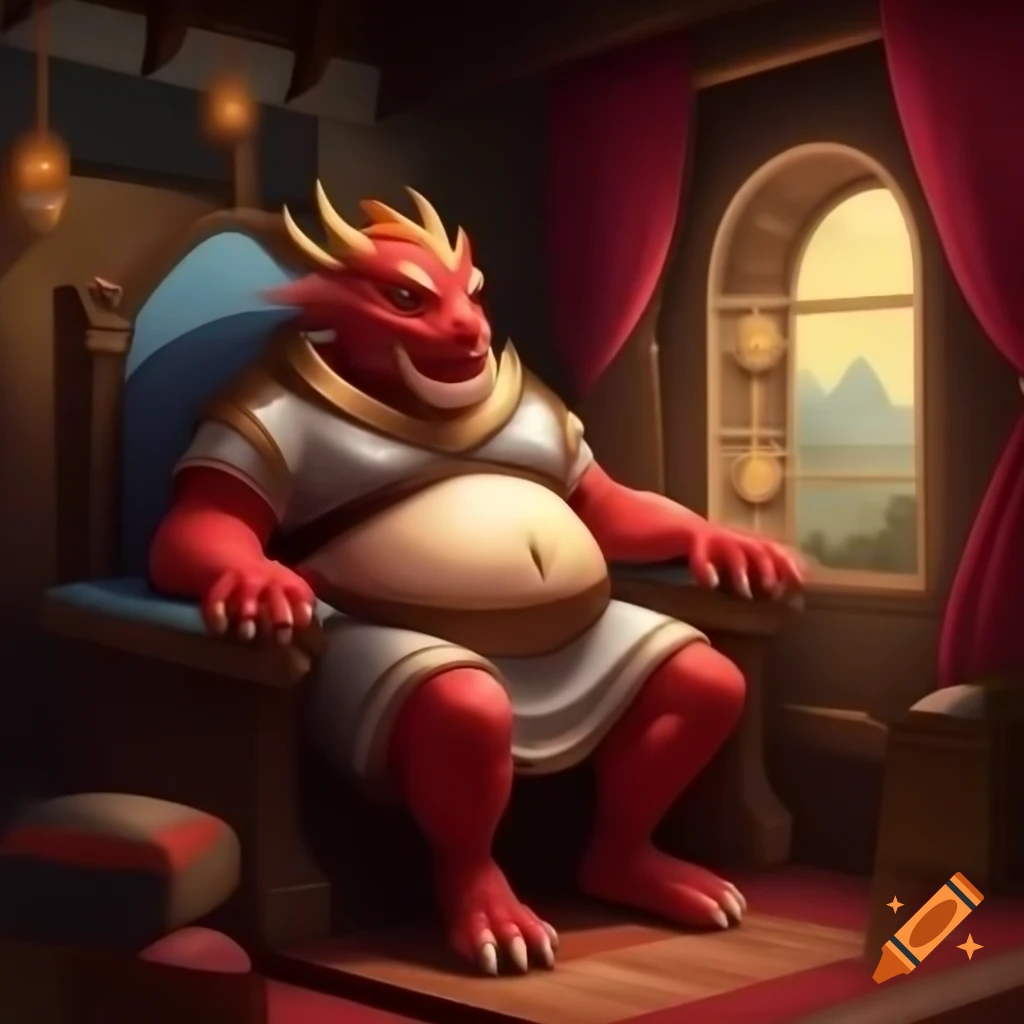 Obese red dragon in toga lounging in decorated castle, fantasy digital art
