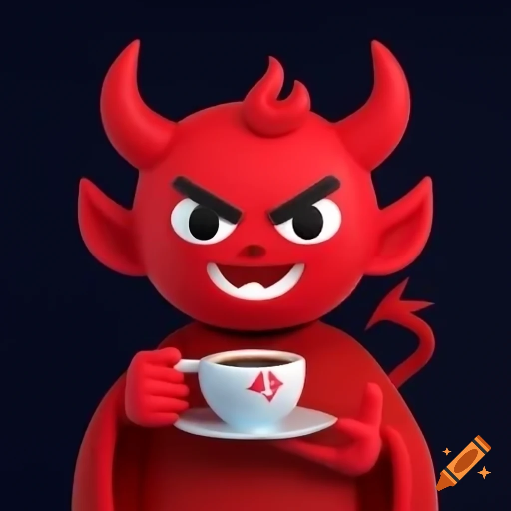 Smiling devil character holding coffee cup