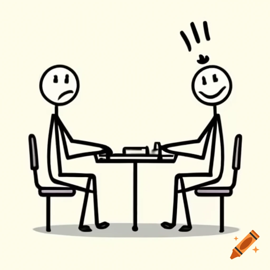 Two stickmen at table, one calm and one fidgeting nervously