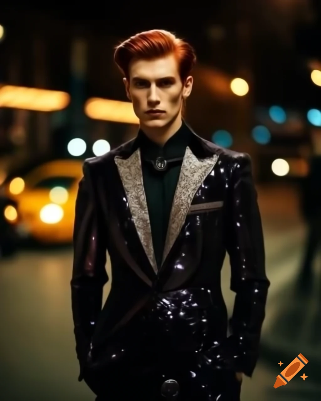 Stylish Caucasian man with red hair in sparkling suit on busy night city street