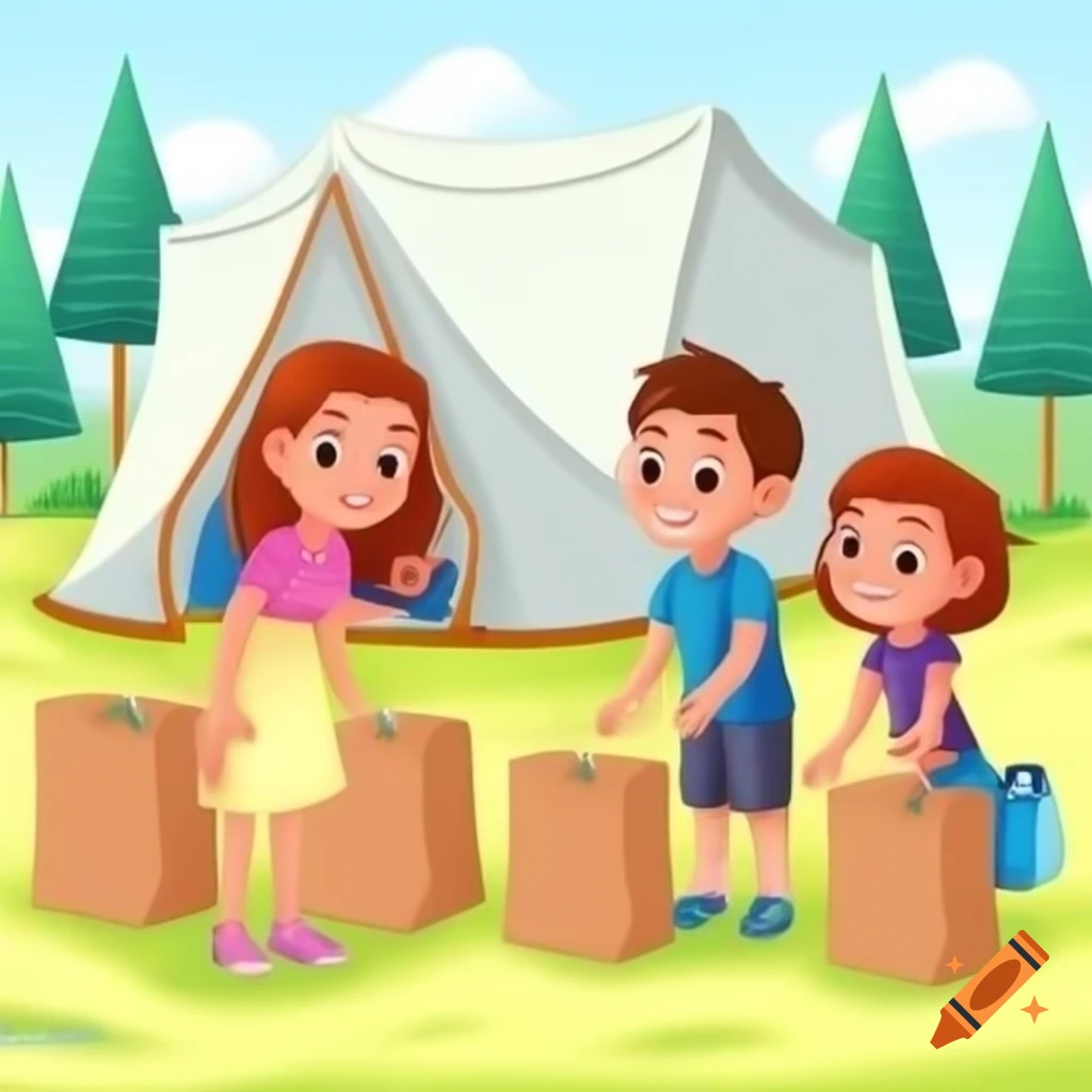 Family packing bags near tent, smiling together outdoors
