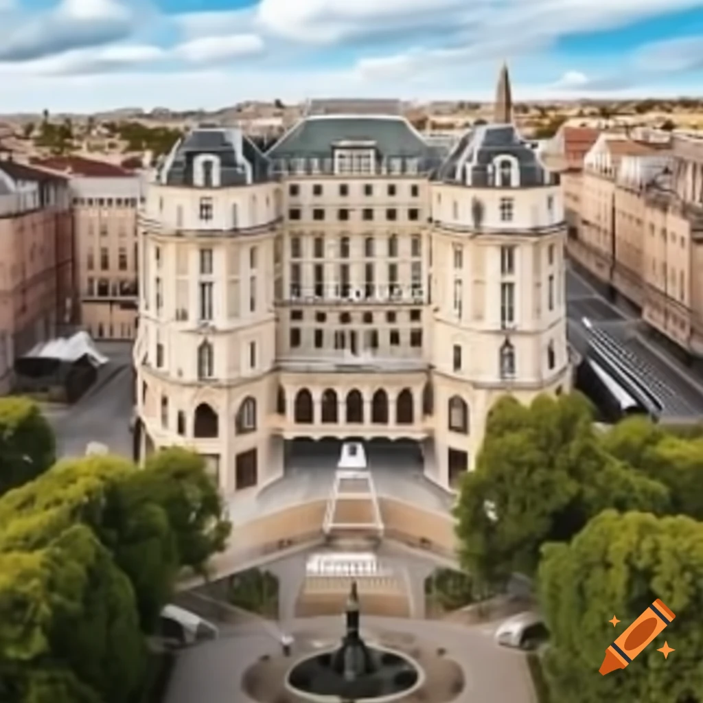 Beaux-arts style hotel with fountain and garden on cliff overlooking European city