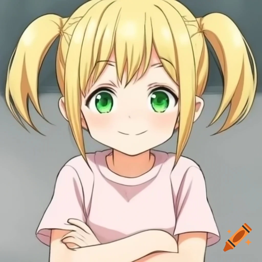 Anime girl with blonde hair and green eyes, arms crossed in light pink shirt