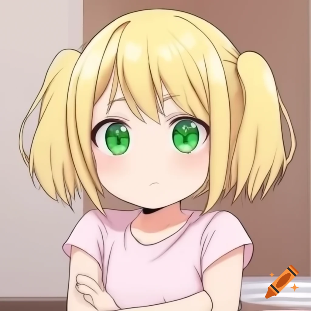 Anime girl with blonde hair and green eyes in pink sleeveless t-shirt