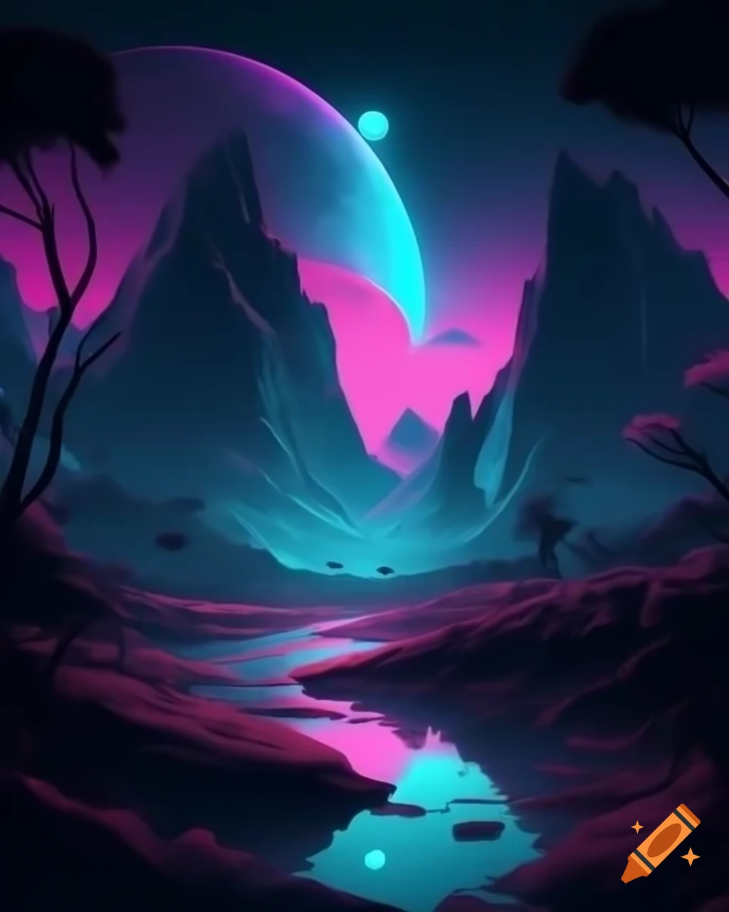 Cyberpunk landscape featuring neon lights and futuristic cityscape