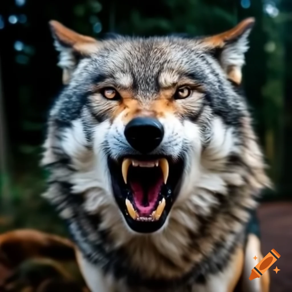 Wolf snarling with police badge in mouth, looking at camera