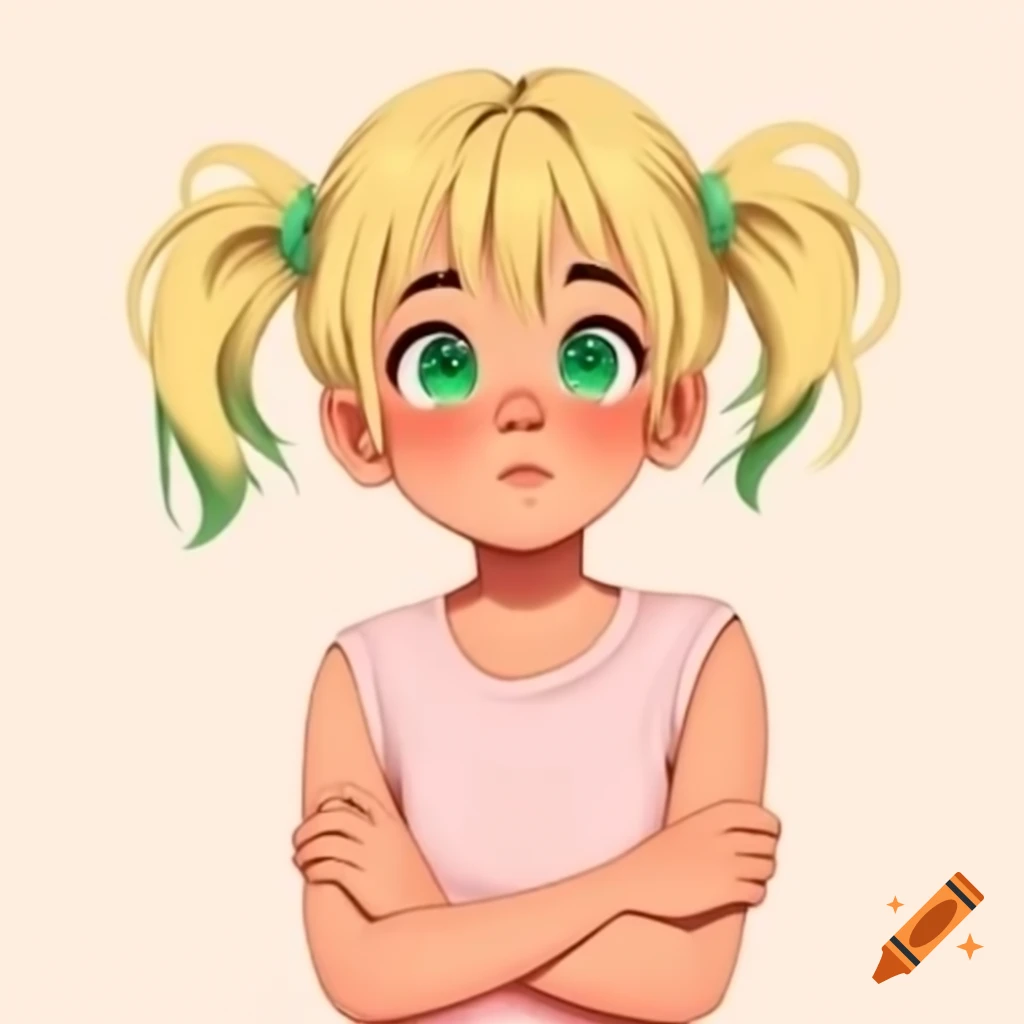 Anime girl with blonde hair and green eyes wearing light pink