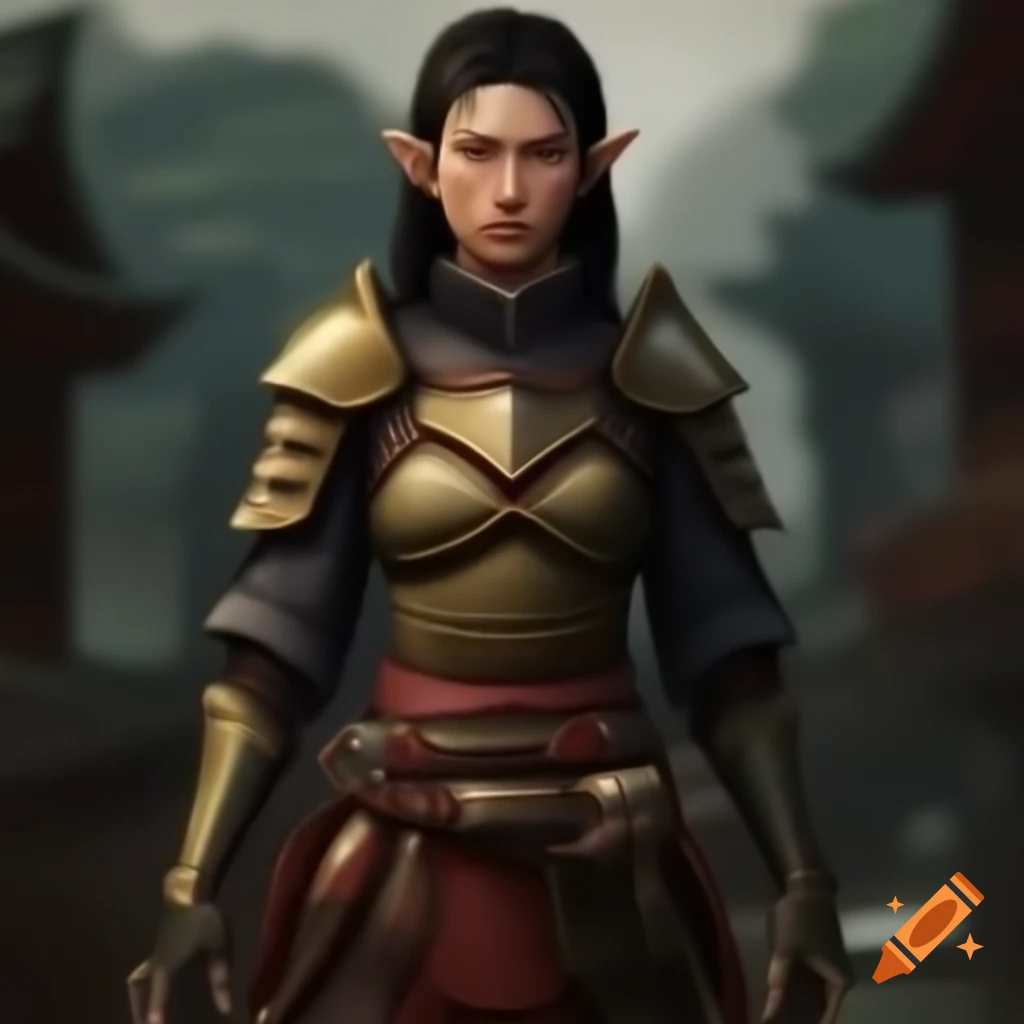 Inquisitor-inspired outfit design for female Dalish elf with medieval and Japanese armor influences