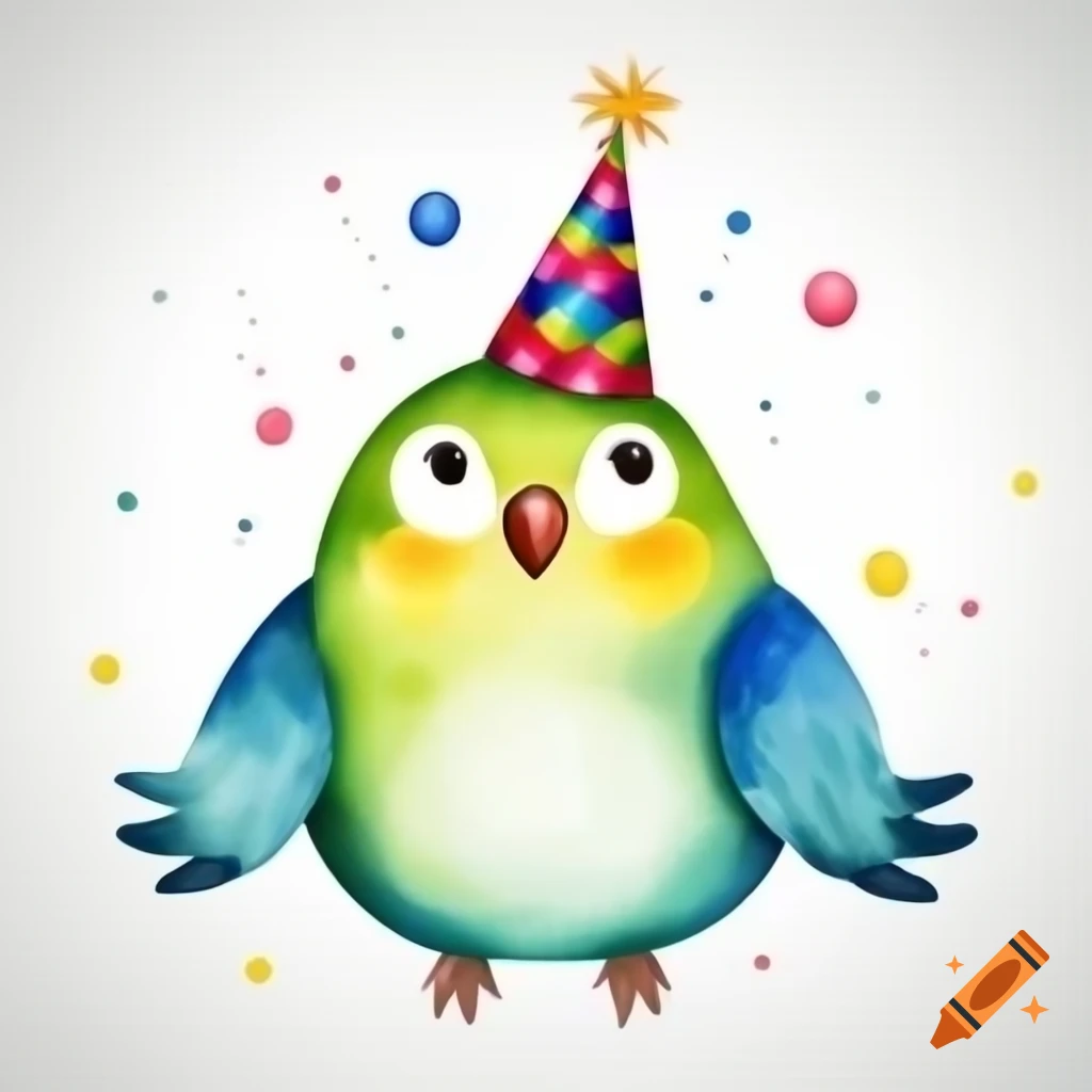 Watercolor drawing of parrot in party hat holding balloon