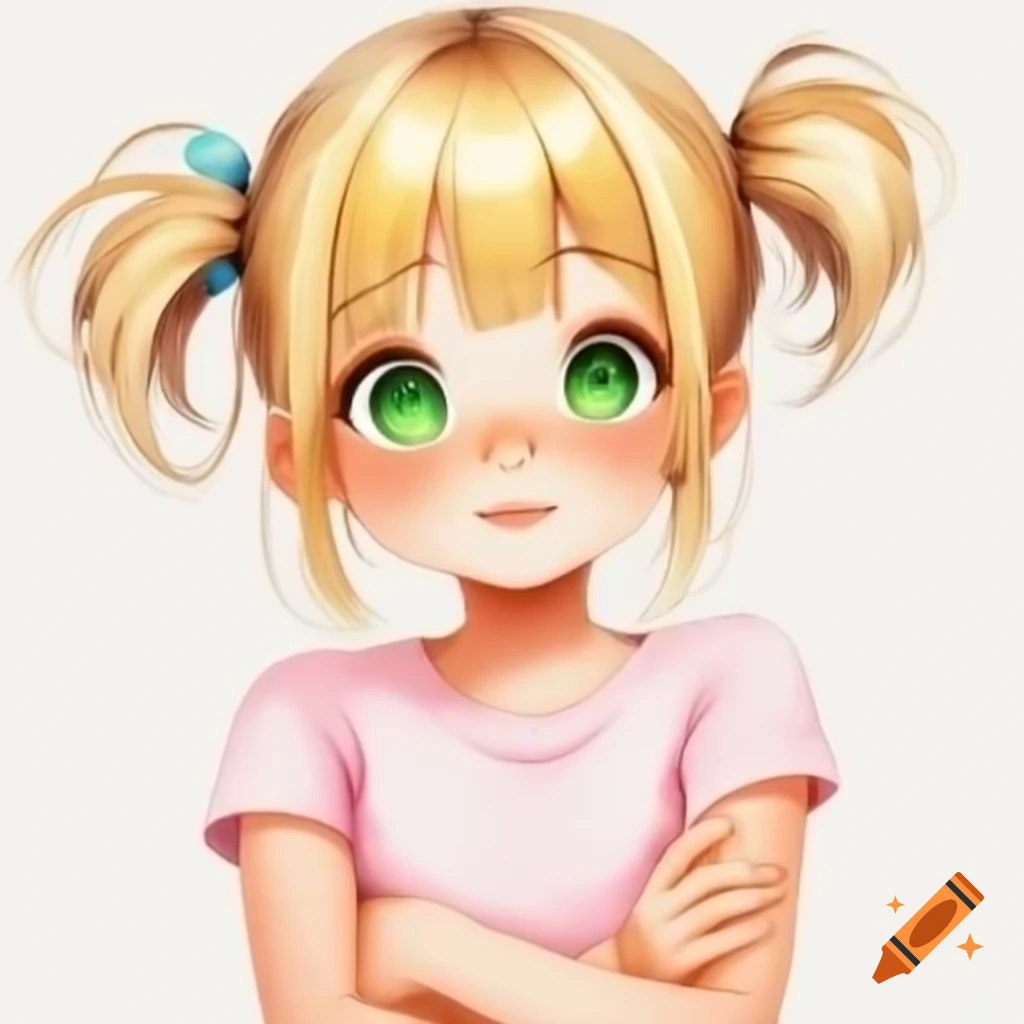 Anime girl with blonde hair and green eyes in pink sleeveless t-shirt, arms crossed