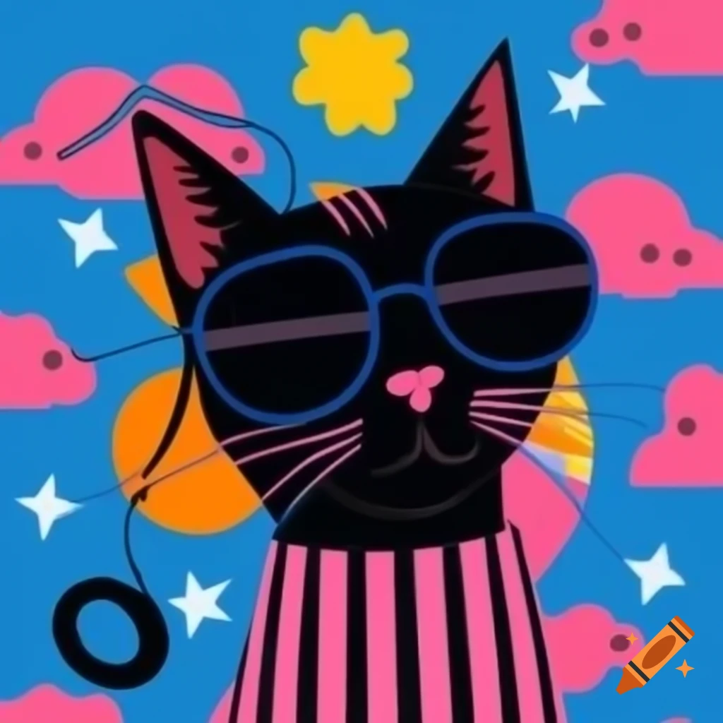 Cartoon art of black cat with pyjama stripes and sunglasses