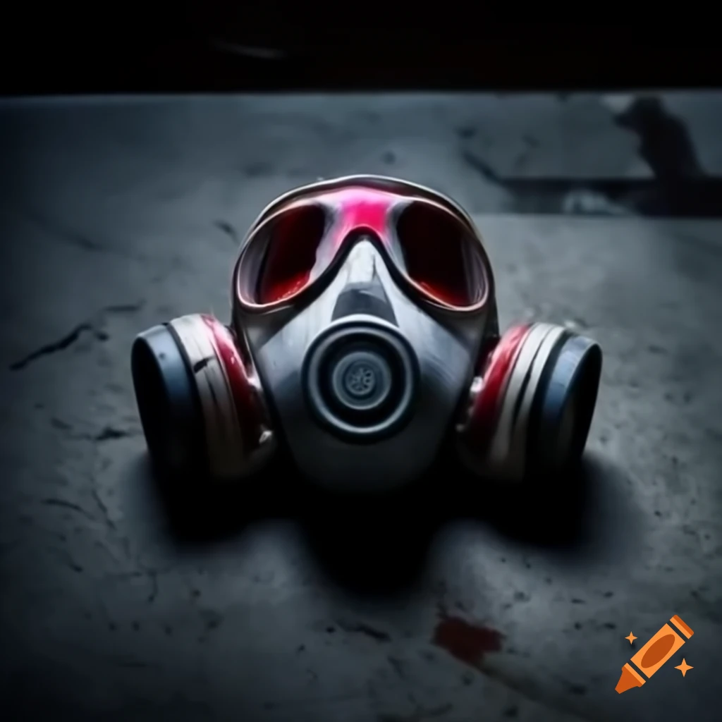 Sleek gas mask on concrete with pale visor and touches of crimson