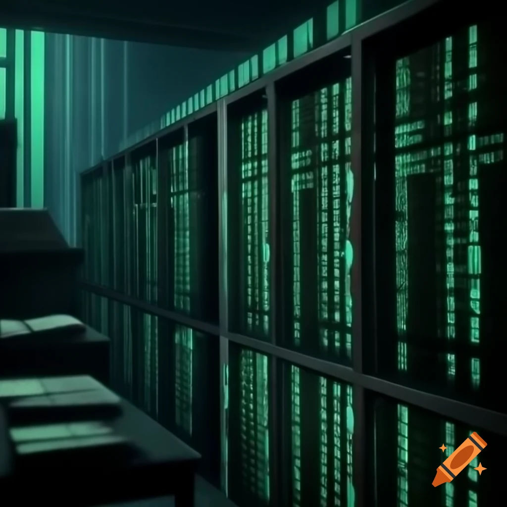 Matrix code visualization with bookcases in the background