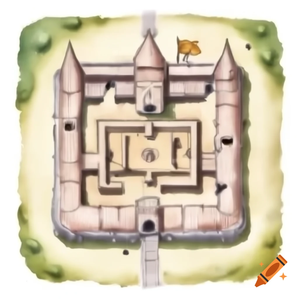 Hand-drawn map of a squared castle with dungeons and towers