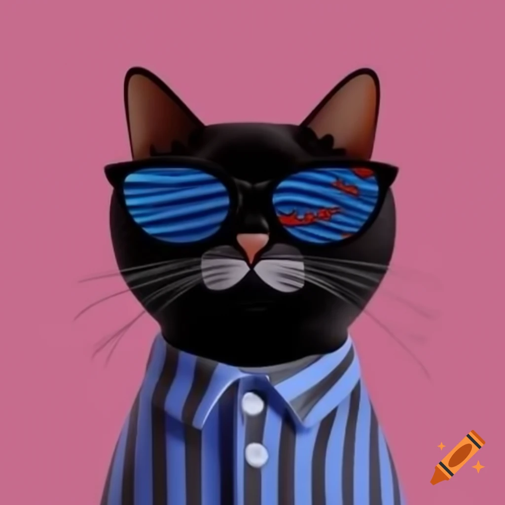 Cartoon black cat with pajama stripes and sunglasses