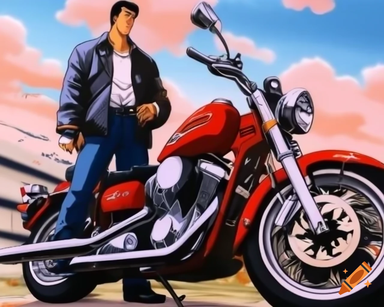 Anime movie poster featuring man with motorcycle and red car in Akira style