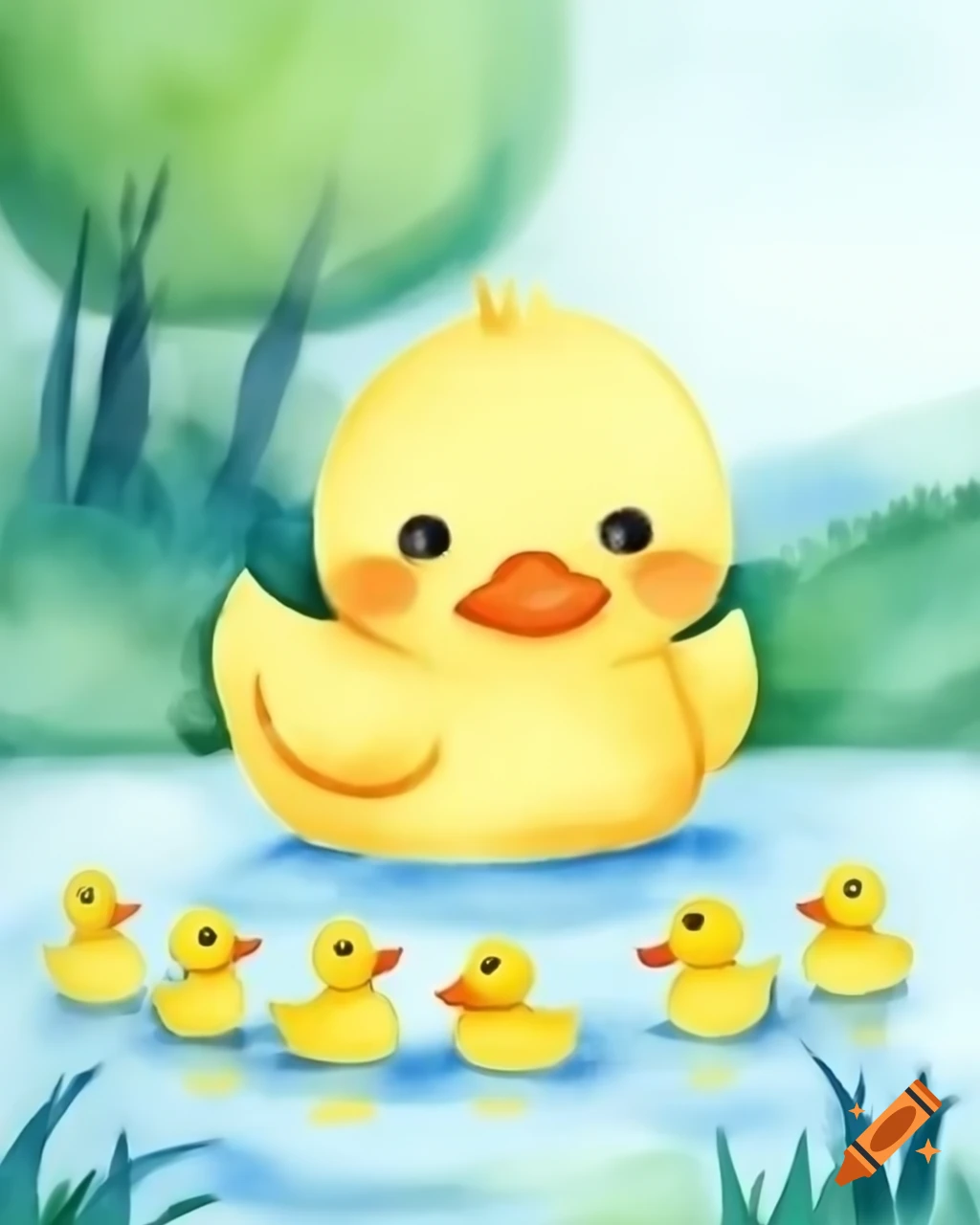 Cartoon yellow duck with ducklings near lake in watercolor style