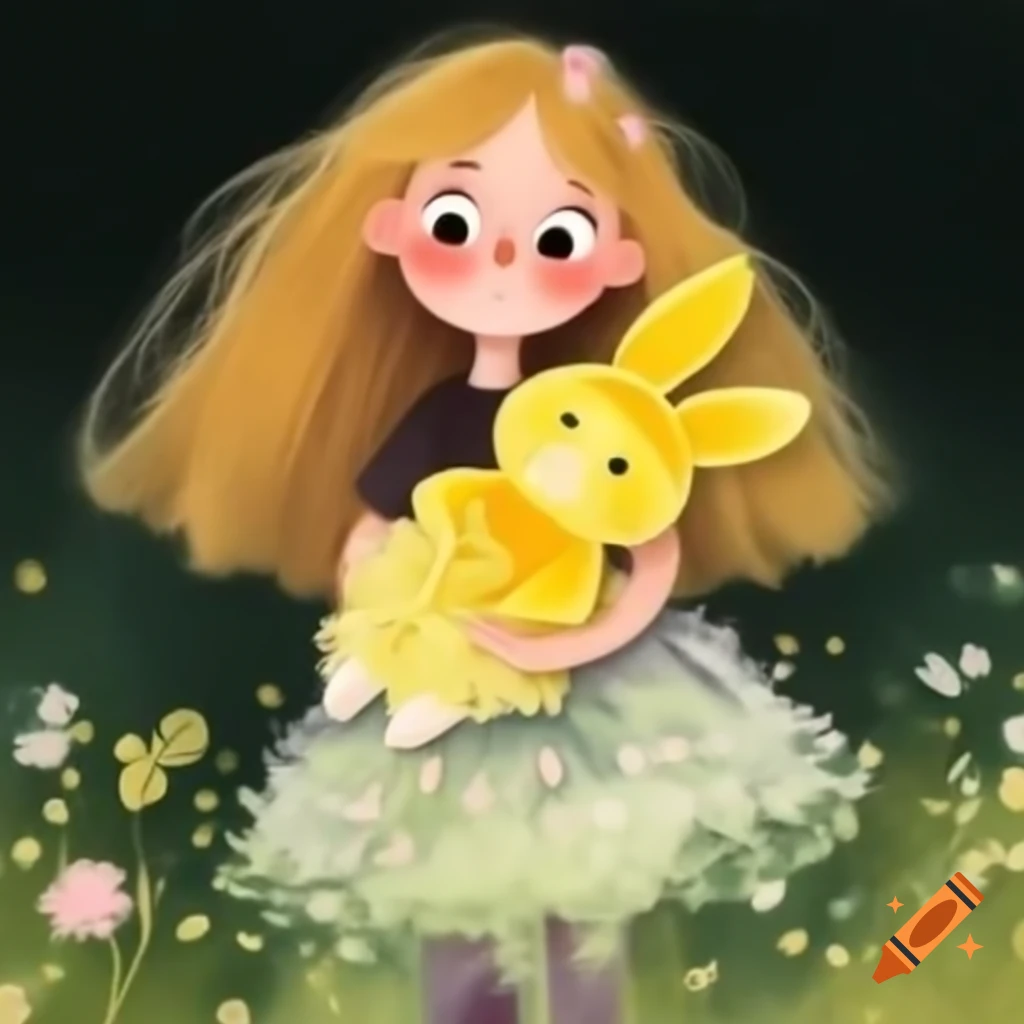 Girl with blond hair and flowery skirt holding a yellow velvet rabbit doll