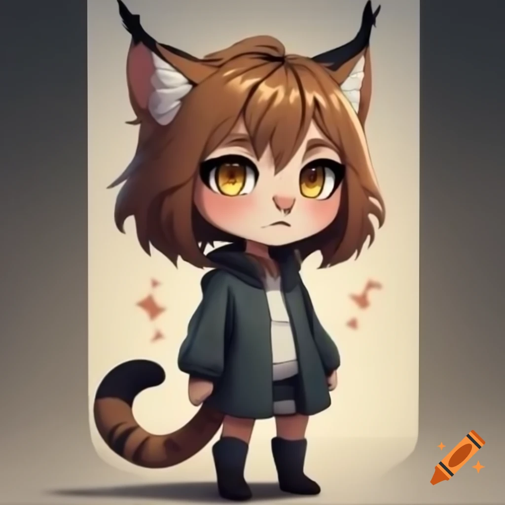 Anime chibi style artwork of a human girl and wild bobcat