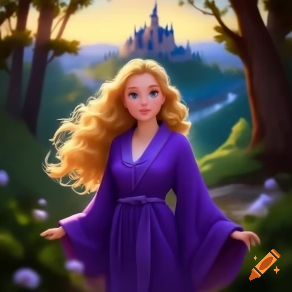 Young princess in purple robe with long wavy blond hair near castle and forest in springtime