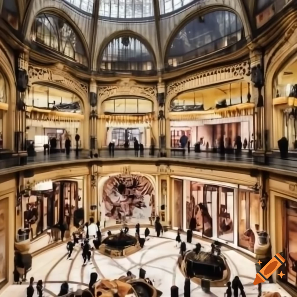 Interior of Galeries Lafayette in Paris with mannequins walking in line and spectators on balconies