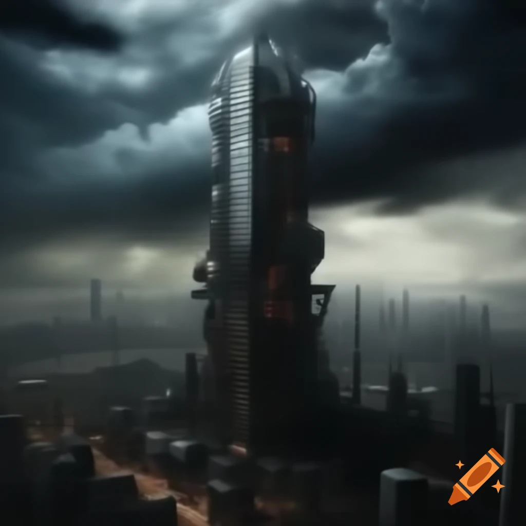 Dystopian control tower amidst cityscape with dark clouds