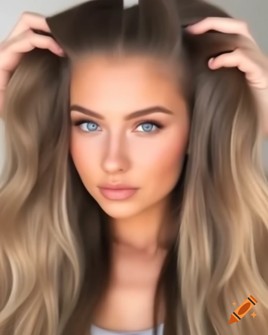 Woman with long blonde-brown hair and captivating blue eyes in workout style