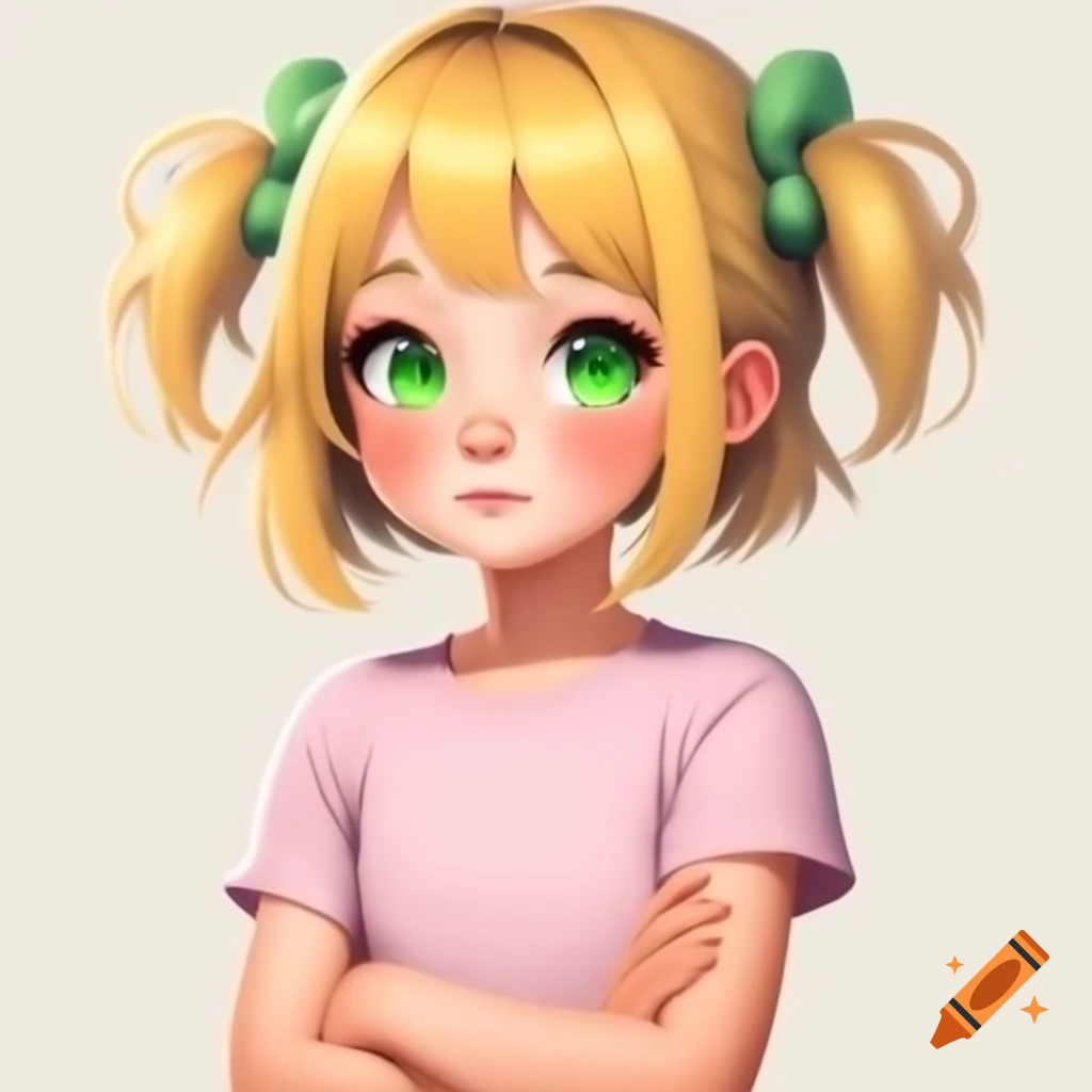 Anime girl with blonde hair and green eyes in pink sleeveless shirt