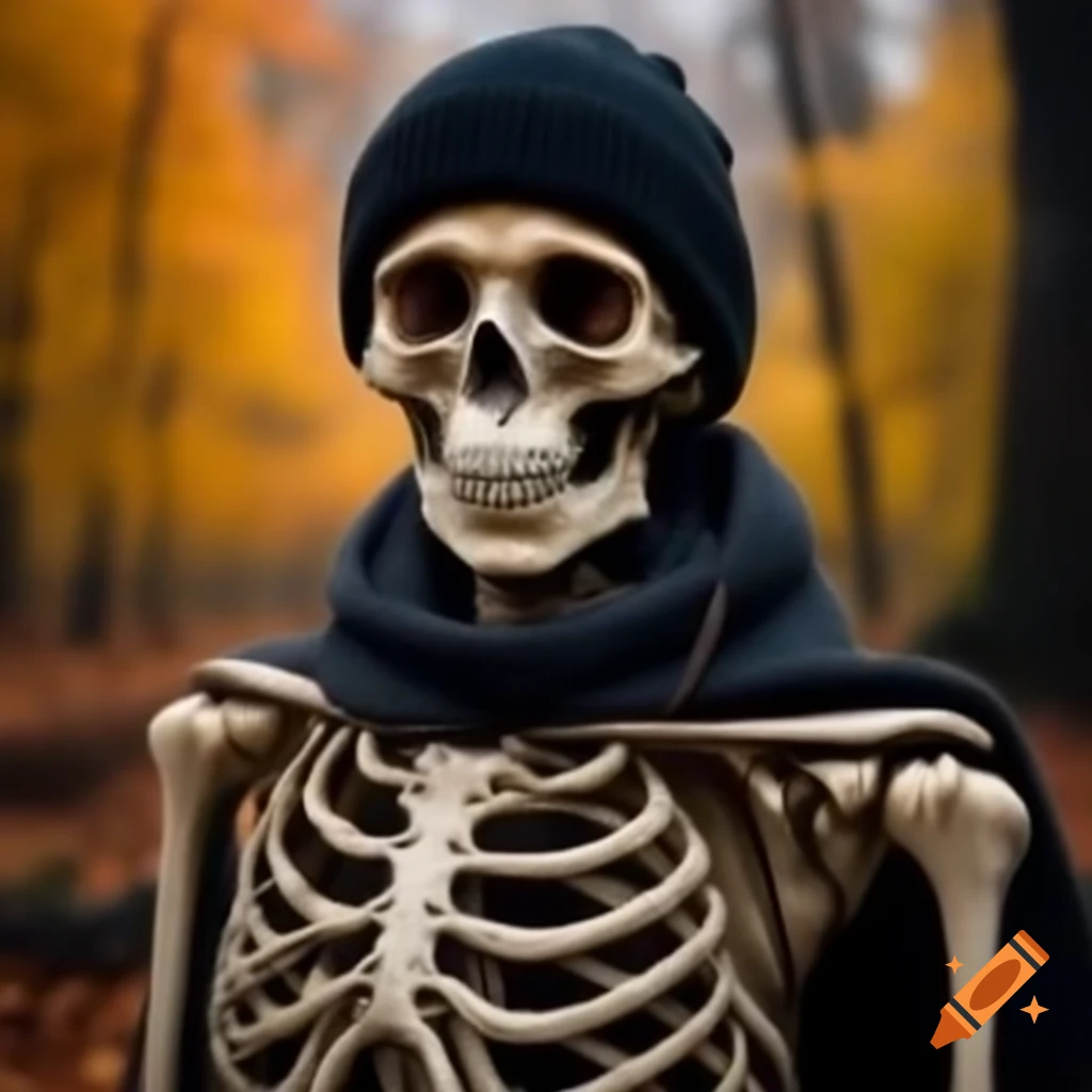 Skeleton wearing a black beanie in an autumn forest