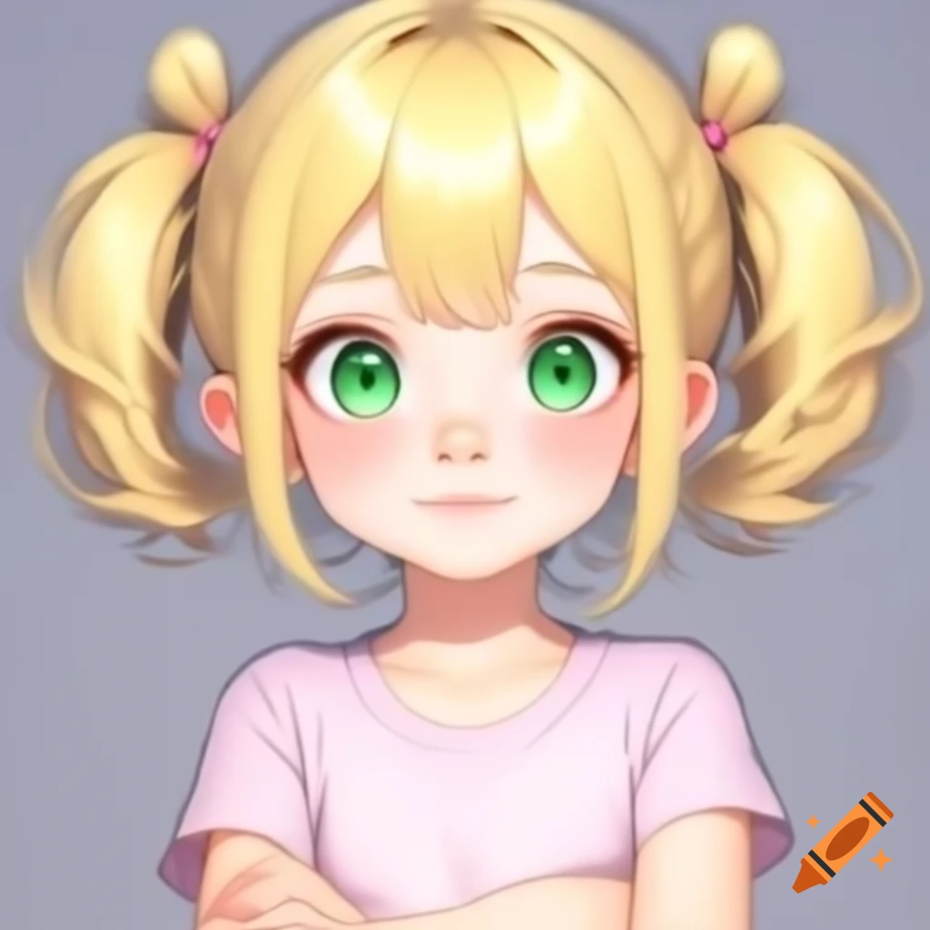 Anime girl with blonde hair and green eyes in pink sleeveless t-shirt