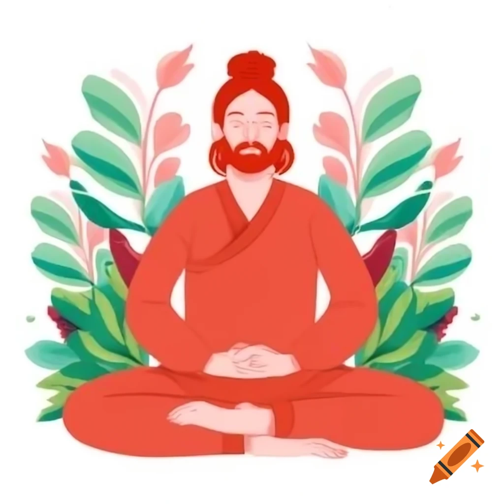 Serene man with red hair meditating in lush greenery, promoting healthy lifestyle