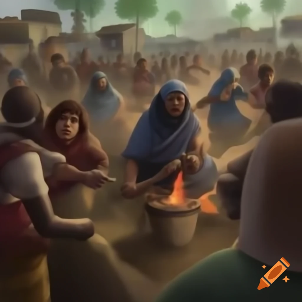 Villagers engaged in a riot scene