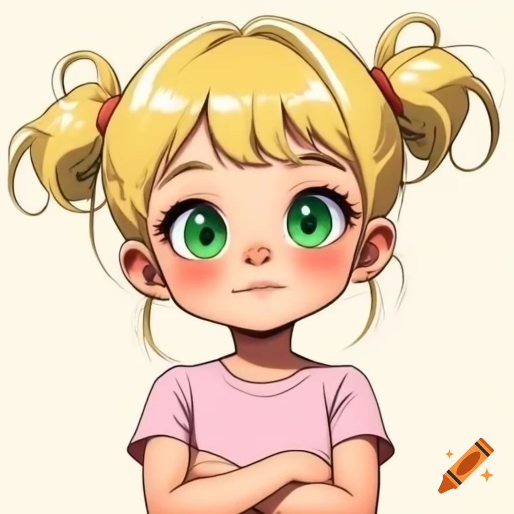 Anime girl with blonde hair and green eyes in pink t-shirt, arms crossed