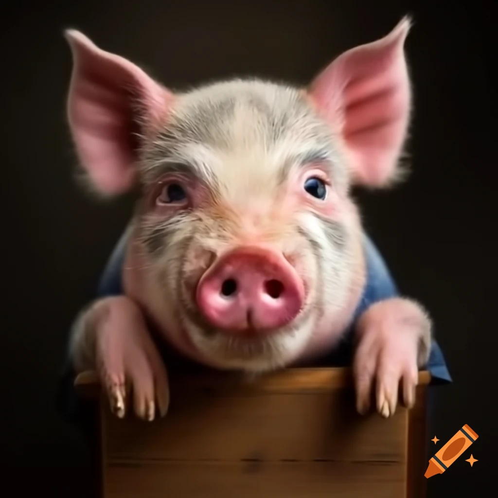 Curious pink pig with wolf's head looking at the camera