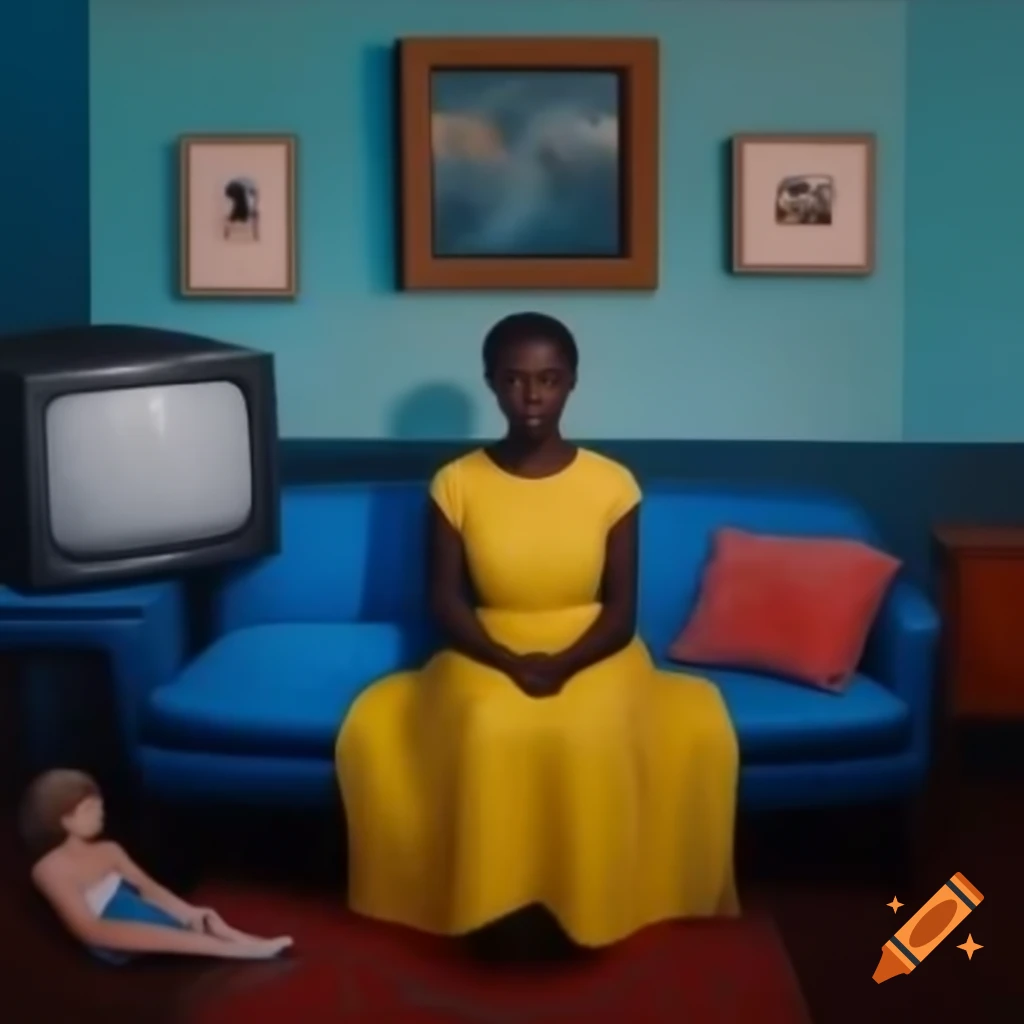 Modern oil painting of young black woman in yellow dress on blue sofa with TV and family picture