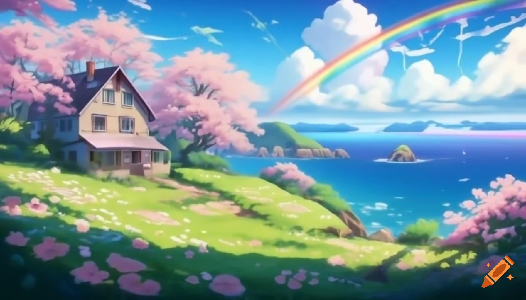 Quaint farmhouse surrounded by colorful flowers and rainbow